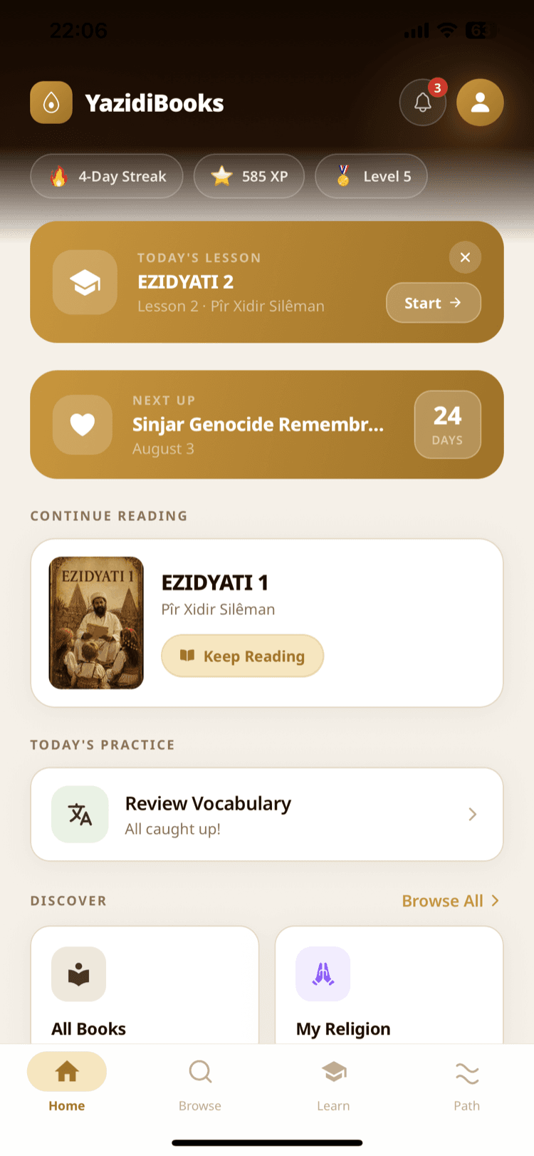 App home screen with today’s lesson, reading progress and streak