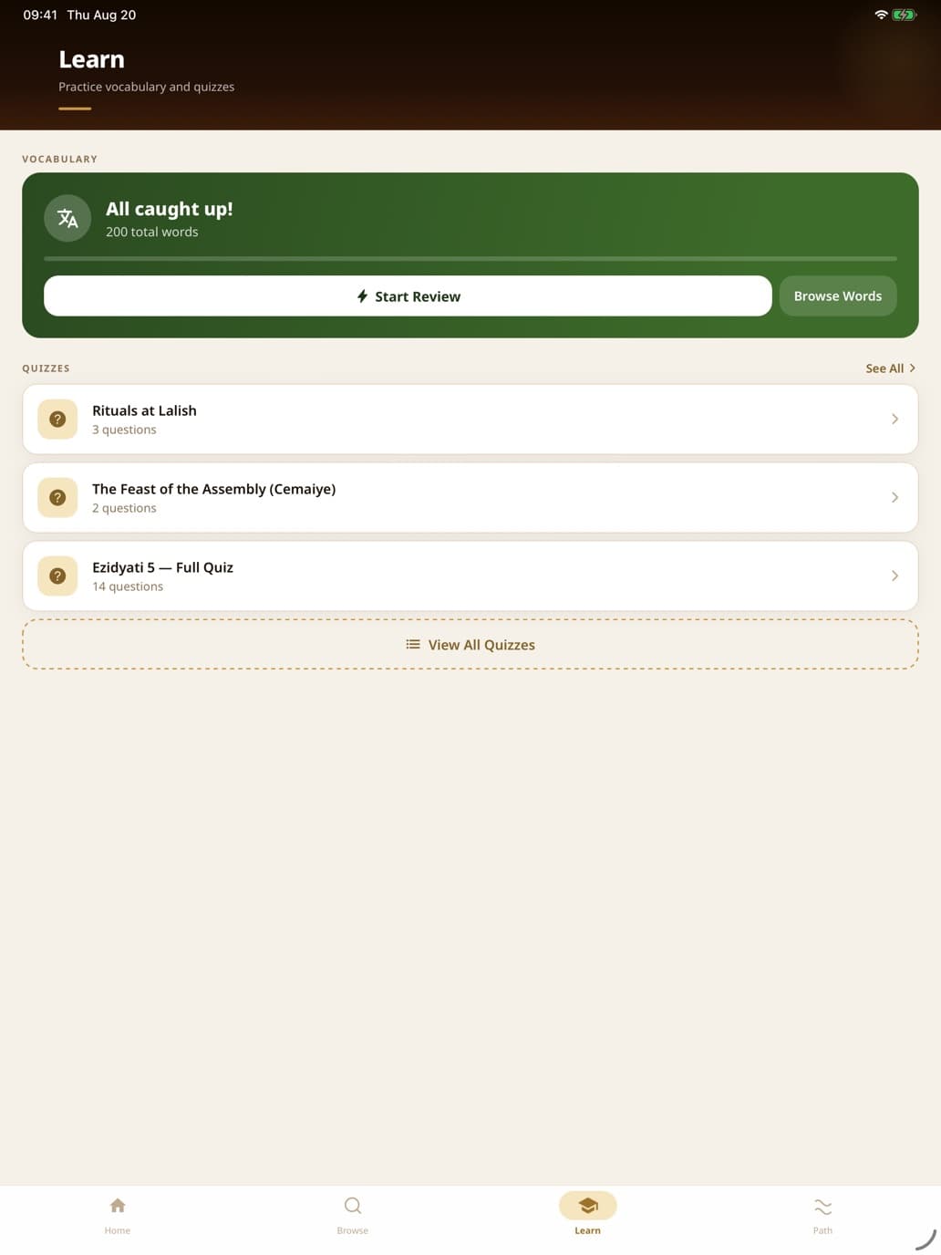 Learn screen with vocabulary review and quizzes