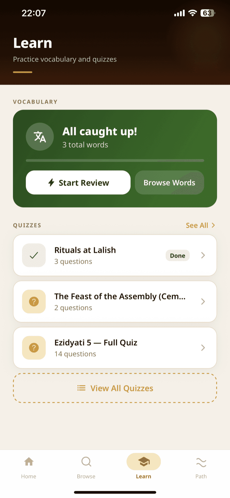 Learn screen with vocabulary review and quizzes